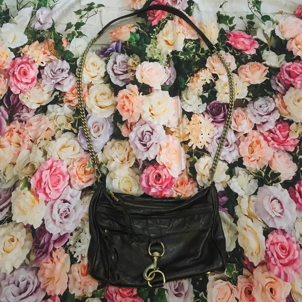 Rebecca Minkoff Black Leather Gold hardware Lock Chain Crossbody Purse bag